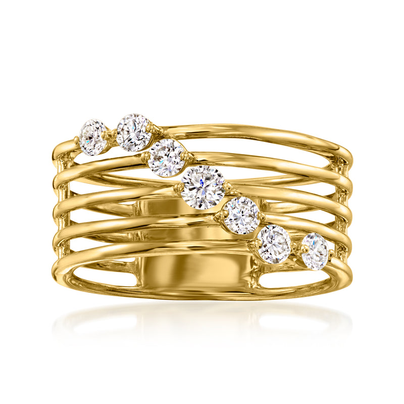 Gold multi-row diamond ring with five round stones, polished band