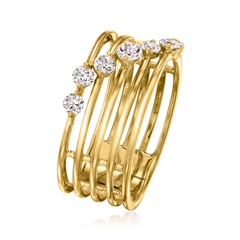 Gold multi-row diamond ring, side view with round diamonds across rows