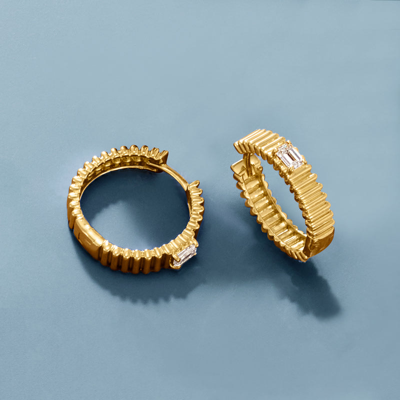Ridged gold hoop earrings with prong-set lab-grown diamond accents on the rim