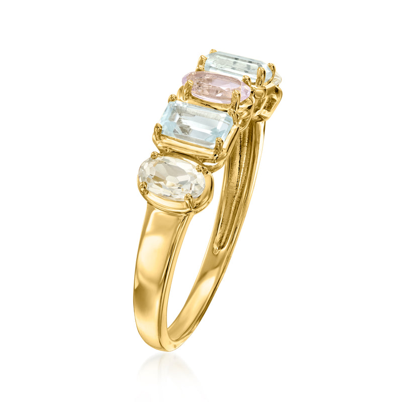 Gold-tone ring with four pastel rectangular gemstones and raised prong setting