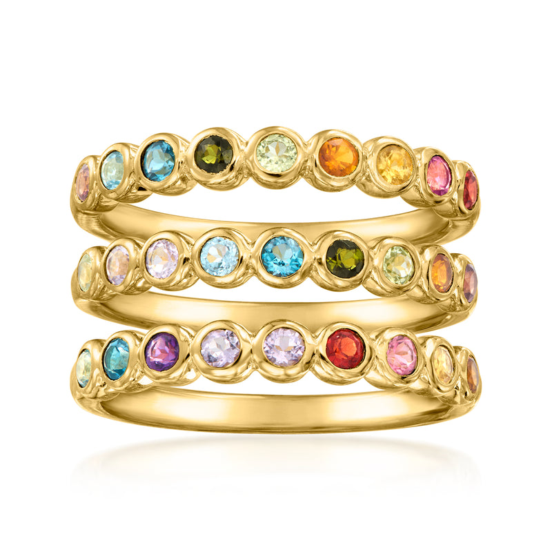 Stackable gold-tone ring set of three with multicolor round gemstones in bezels