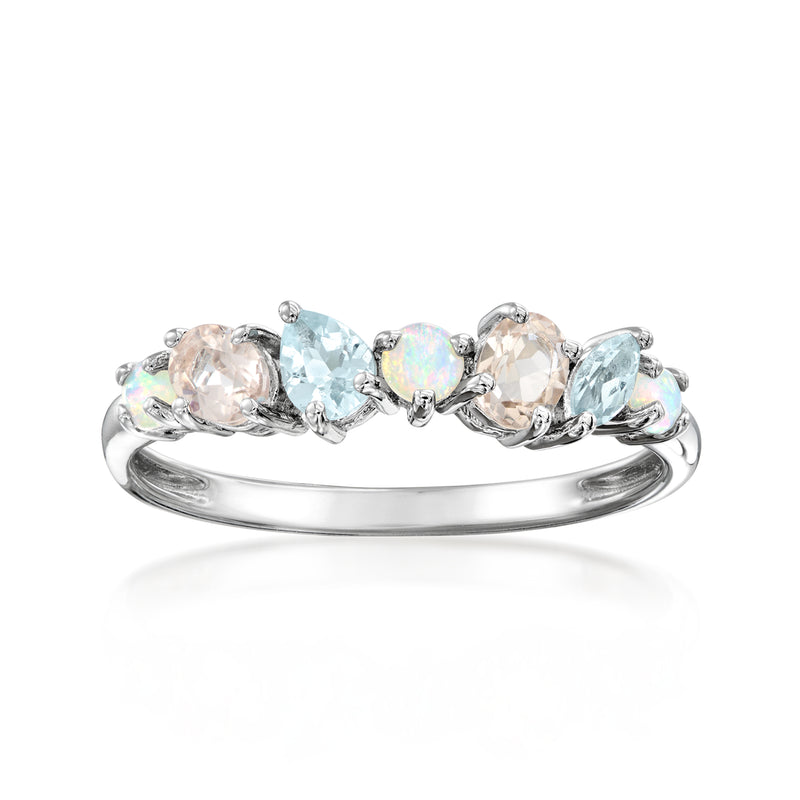 Sterling silver pastel multi-gemstone ring with five oval stones, front view