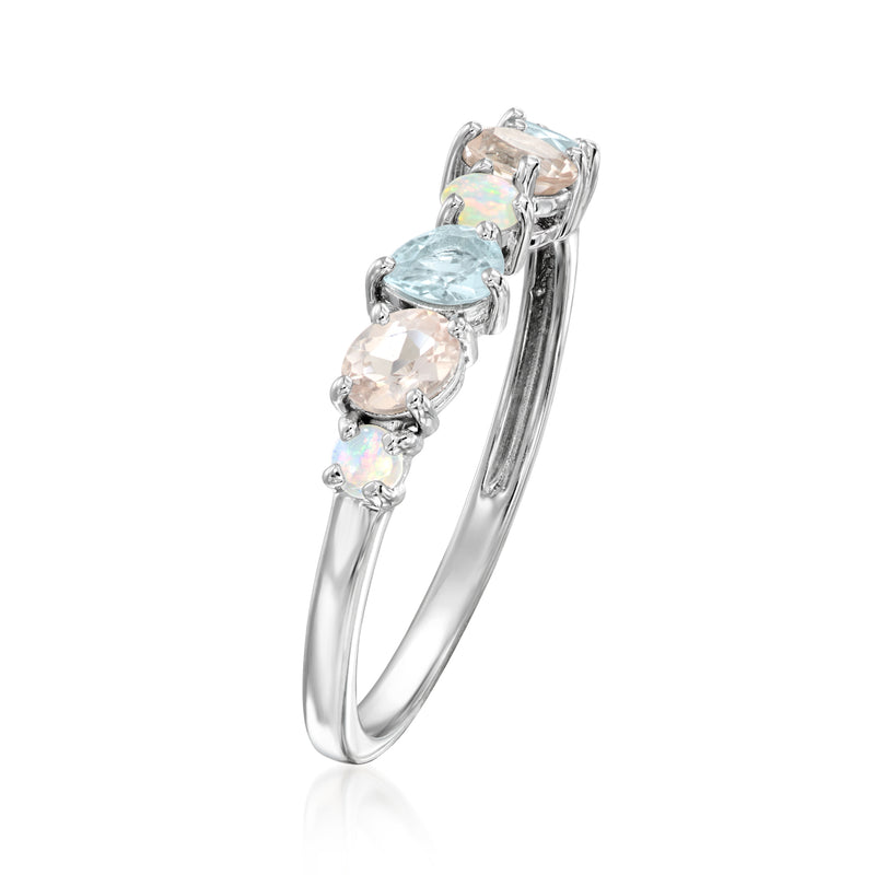 Sterling silver pastel multi-gemstone ring, side view showing prong-set stones