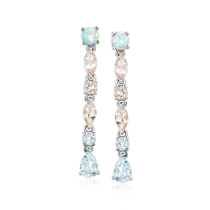 Sterling silver pastel gemstone drop earrings with opal-like and marquise stones, tiered