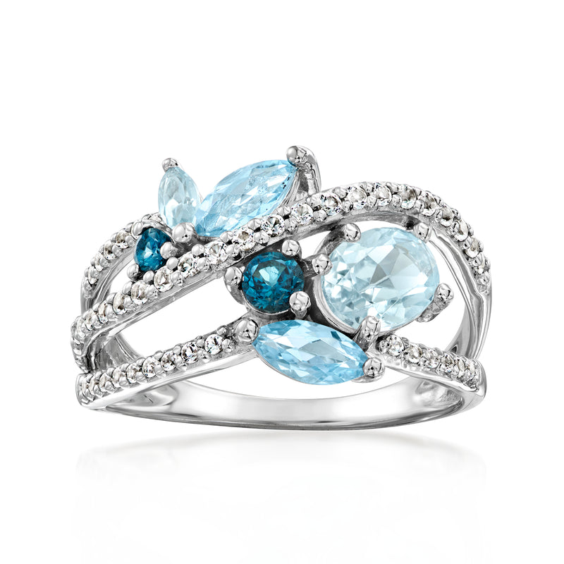 Sterling silver ring with white and tonal blue topaz stones