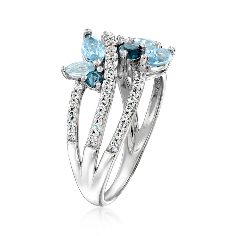 Sterling silver oval gemstone highway ring with blue stones and split shank