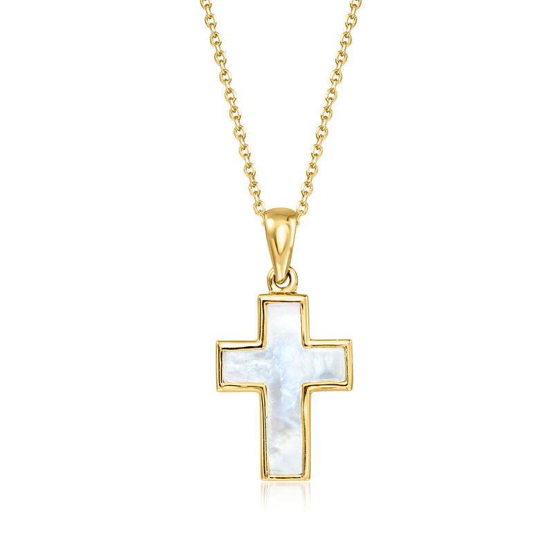 Gold cross pendant necklace with light mother-of-pearl inlay on chain