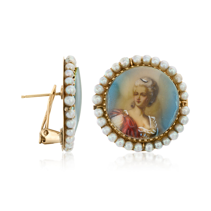 Gold pearl-framed portrait stud earrings, hinged back visible