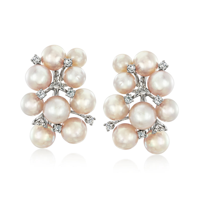Cultured pearl and diamond clip-on cluster earrings in silver-toned metal