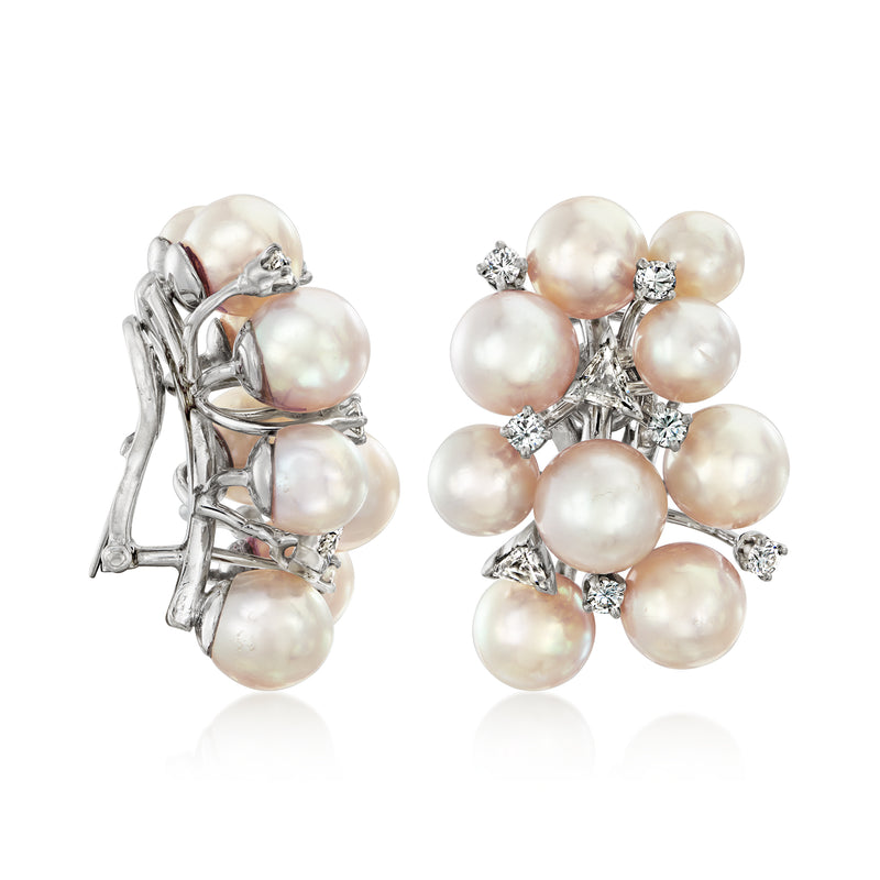 Cultured pearl and diamond clip-on cluster earrings, side view with hinge clips