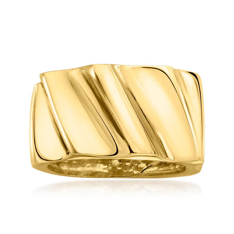 Yellow gold-plated grooved ring with raised ridges, wide band design