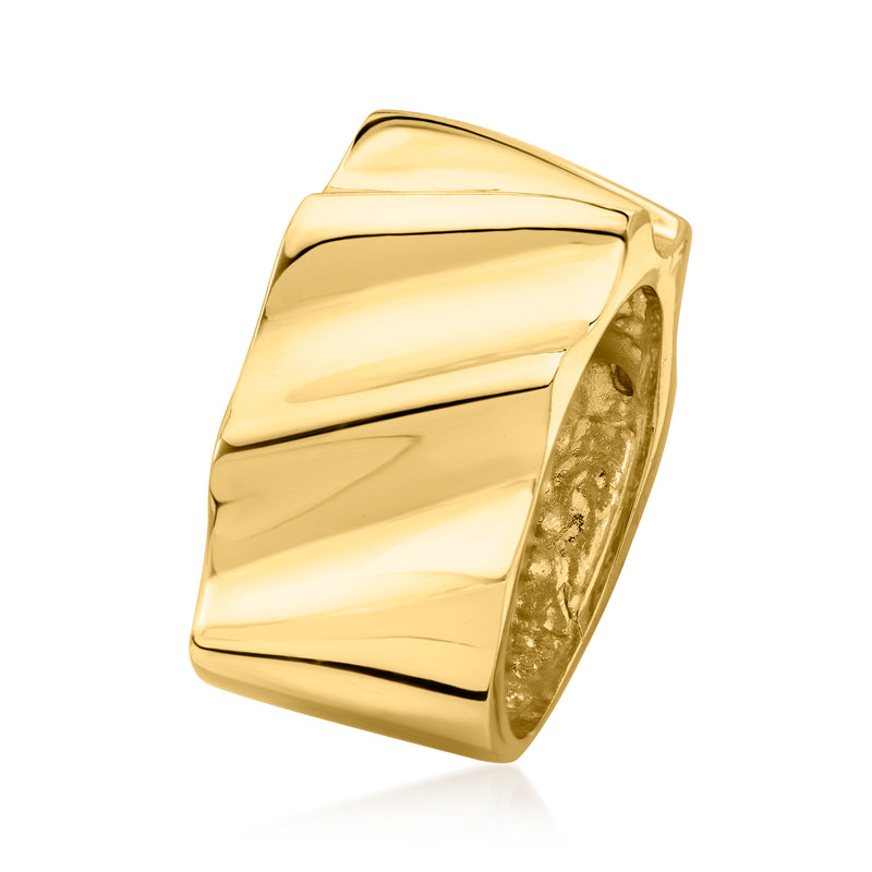 Yellow gold-plated grooved square-edge ring, angled side view