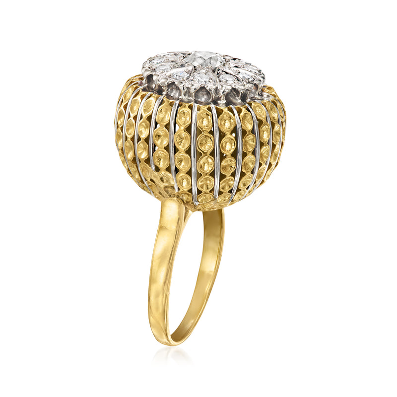 Vintage yellow gold ring with domed diamond cluster top and scalloped bezel