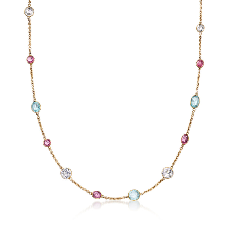 Vintage multi-gemstone station necklace in 14kt yellow gold, round pink, blue and clear stones