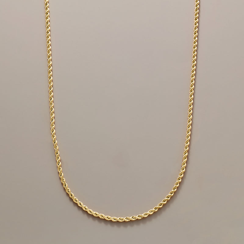 10kt yellow gold rope-chain necklace, 2.6mm, close-up of twisted rope links