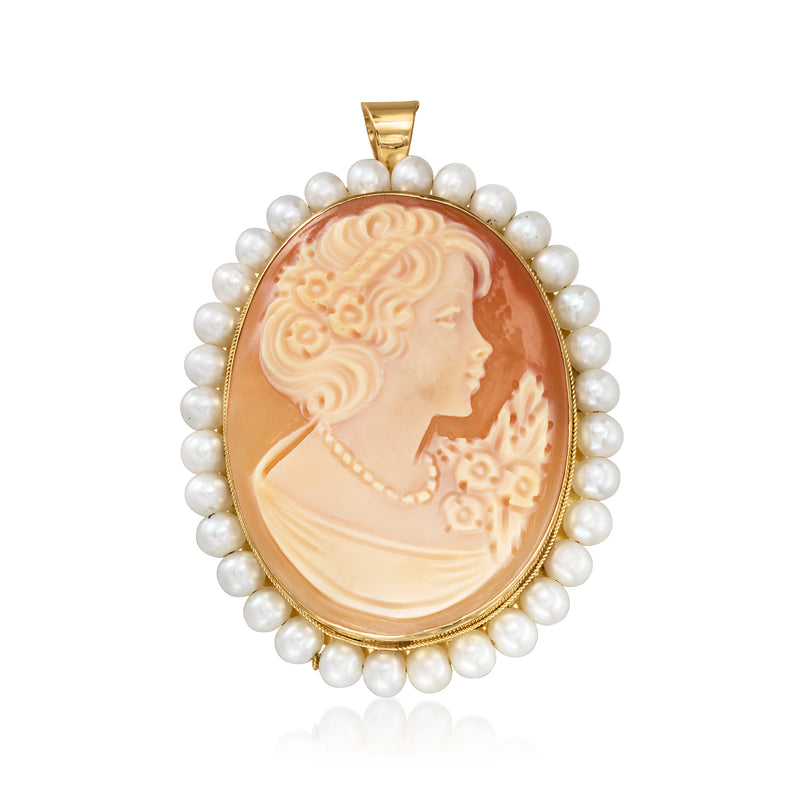 Yellow gold cameo pendant with brown shell portrait, framed by white cultured pearls.