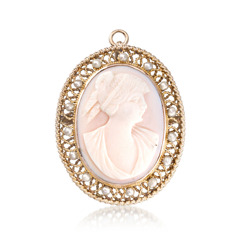 Vintage pink shell cameo pendant in 14k yellow gold, seed pearl halo