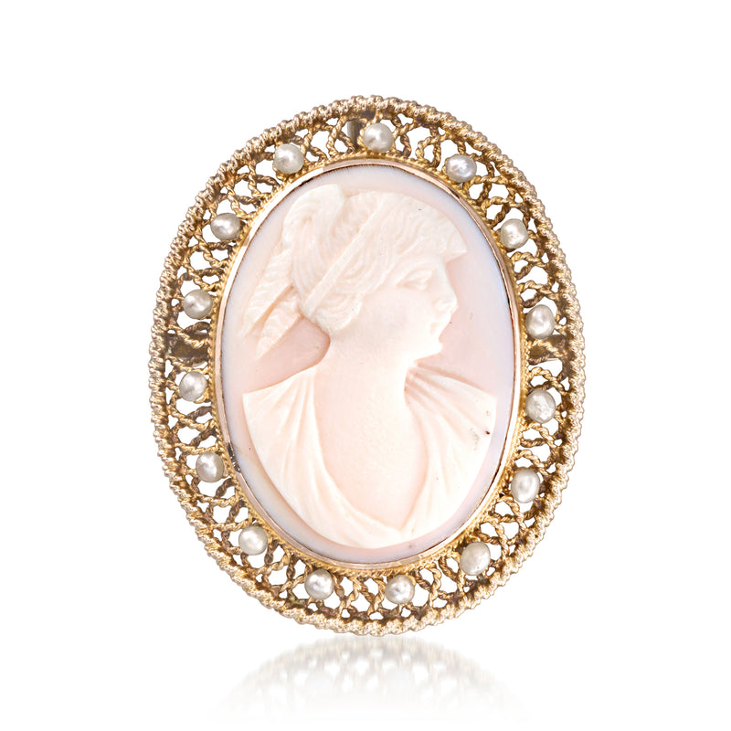 Vintage pink shell cameo pendant with profile relief, seed pearl halo, 14k gold