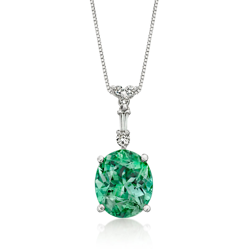 Platinum pendant necklace with oval green tourmaline and diamond accents, chain included