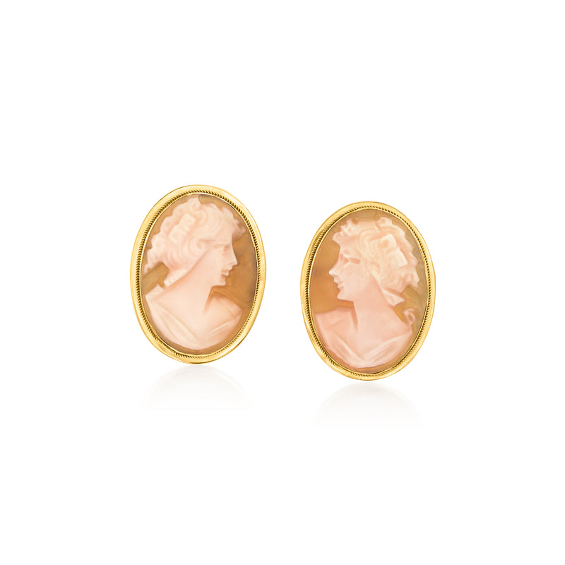 Oval orange shell cameo stud earrings in 14kt yellow gold setting