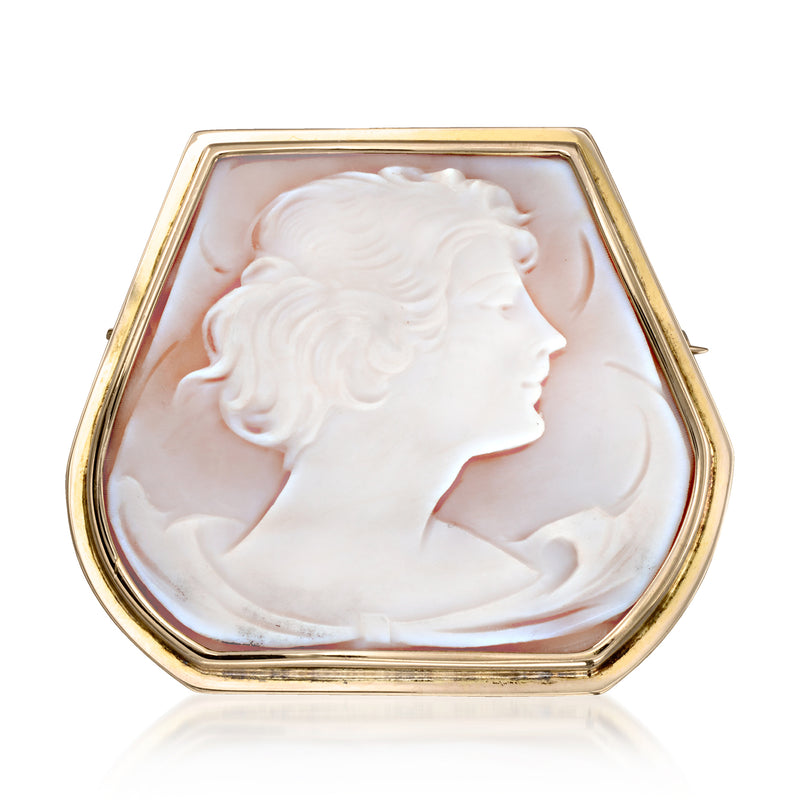 Octagonal shell cameo pendant in 14kt yellow gold with white profile relief, front view