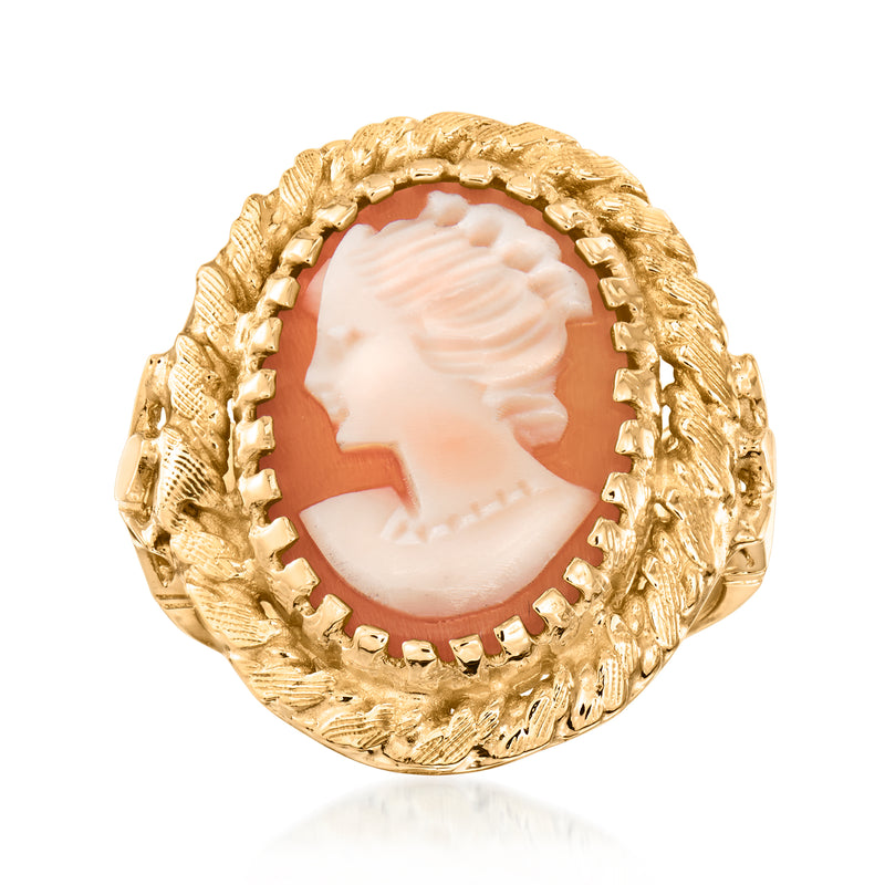 Vintage cameo ring with oval shell cameo in ornate 14kt yellow gold frame