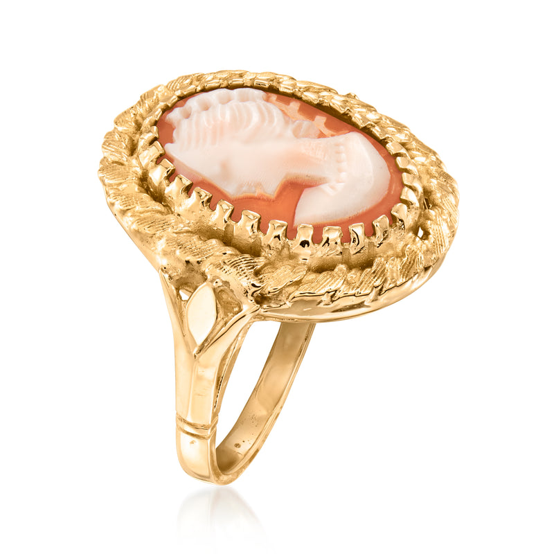 Vintage cameo ring, oval shell cameo with profile set in textured 14kt yellow gold
