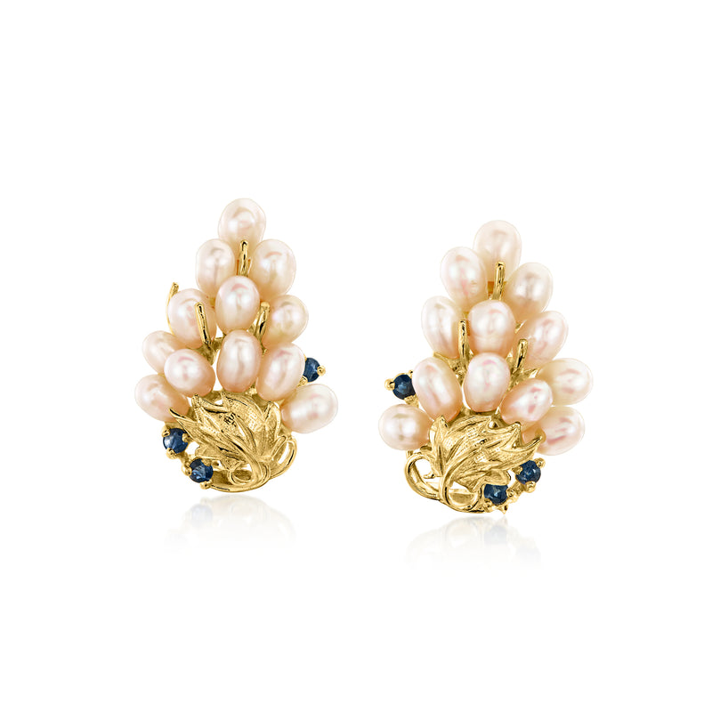 Cultured pearl grape bunch earrings with sapphire accents in 14kt yellow gold