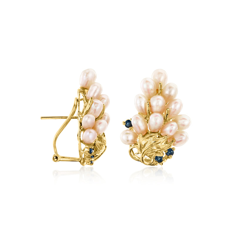 Pearl grape bunch stud earrings with blue sapphire cabochons, 14kt yellow gold