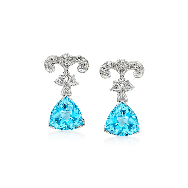 Vintage 18kt white gold drop earrings with Swiss blue topaz and diamond accents