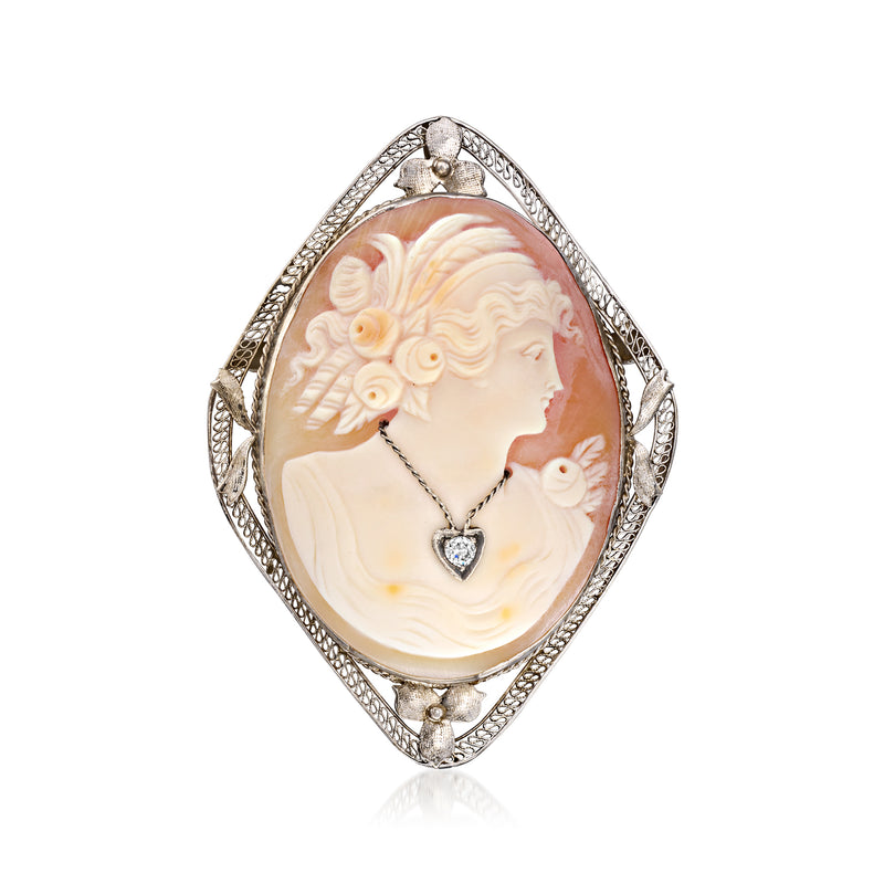 Vintage cameo pendant with brown shell relief, diamond accents in ornate white gold frame