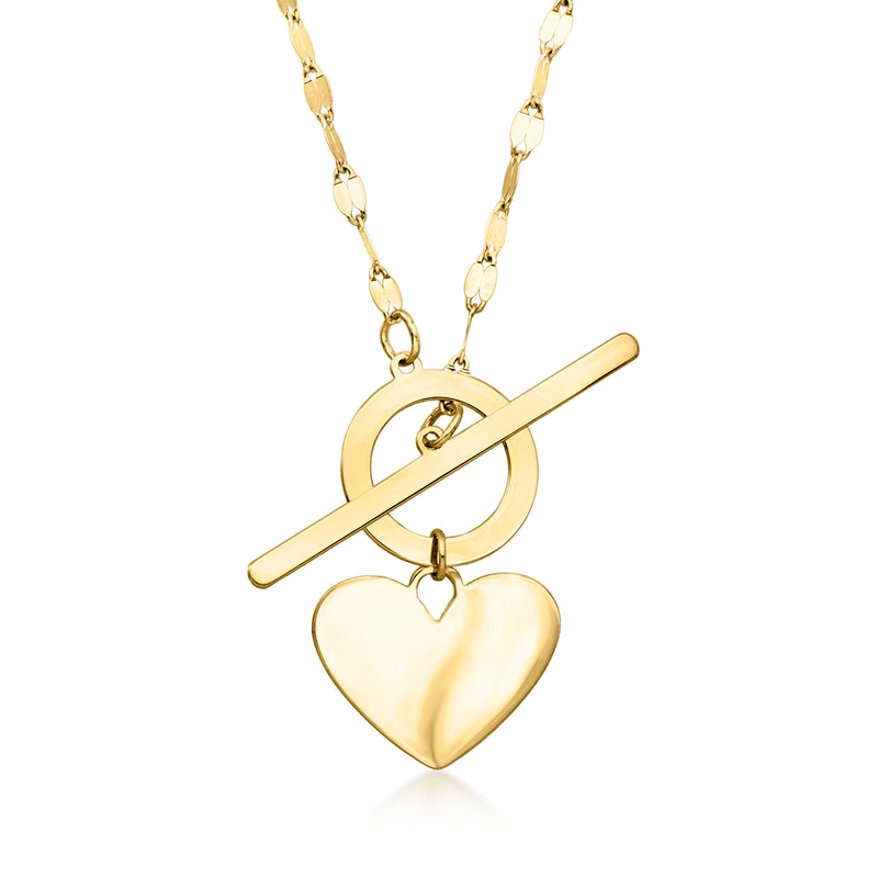 Yellow gold heart toggle necklace with heart charm and bar toggle clasp