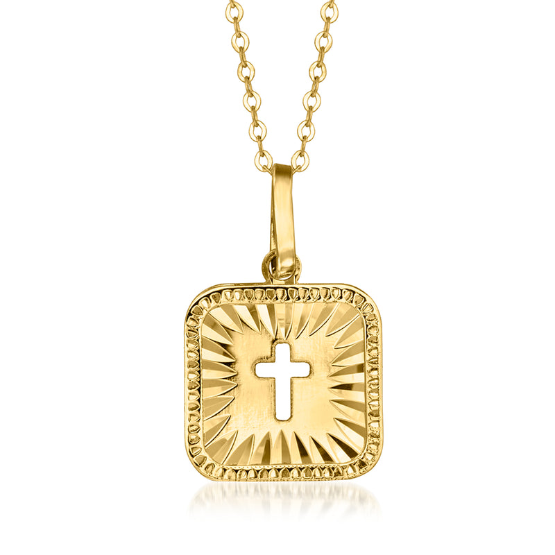 Yellow gold cross cutout pendant necklace with square charm and small bail