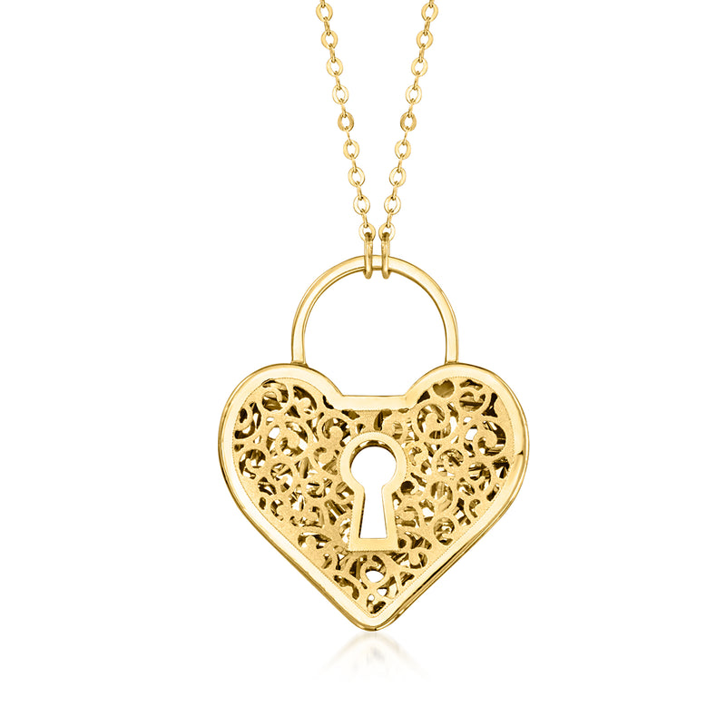 10kt yellow gold heart locket necklace with filigree openwork and keyhole