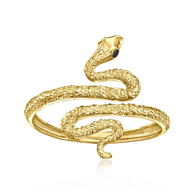 Yellow gold snake ring with black enamel eye, coiled open band