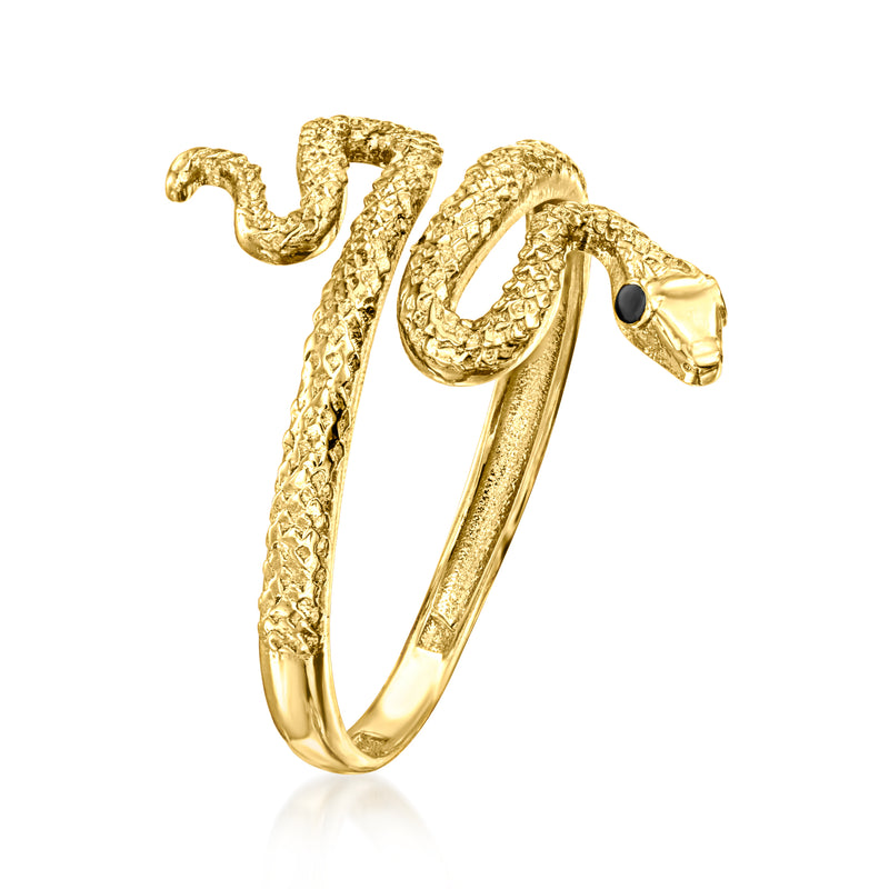 Yellow gold snake ring, angled view with black enamel eye on curved band