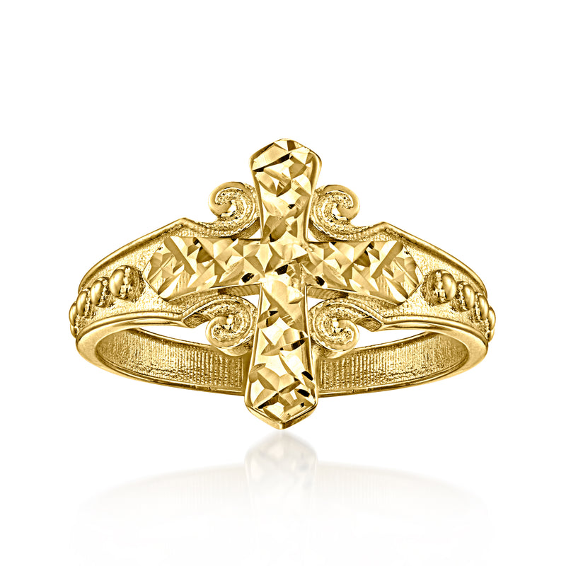 10kt yellow gold cross ring with faceted center and ornate swirl details