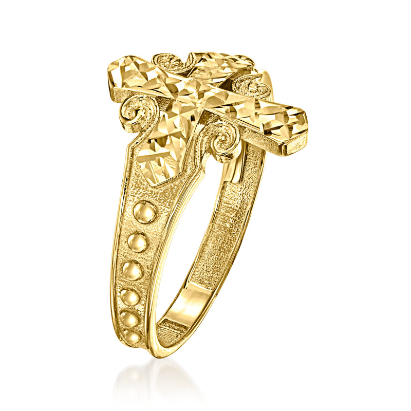 Yellow gold cross ring side view with faceted cross top and decorative scroll bands