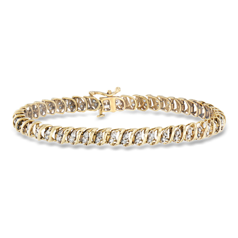 Yellow gold diamond tennis bracelet with oval-shaped rows of round stones