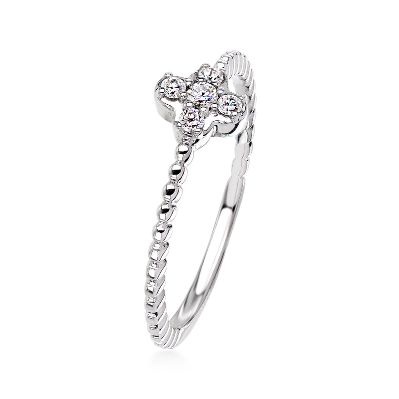 Sterling silver diamond floral ring with three-stone cluster, side view