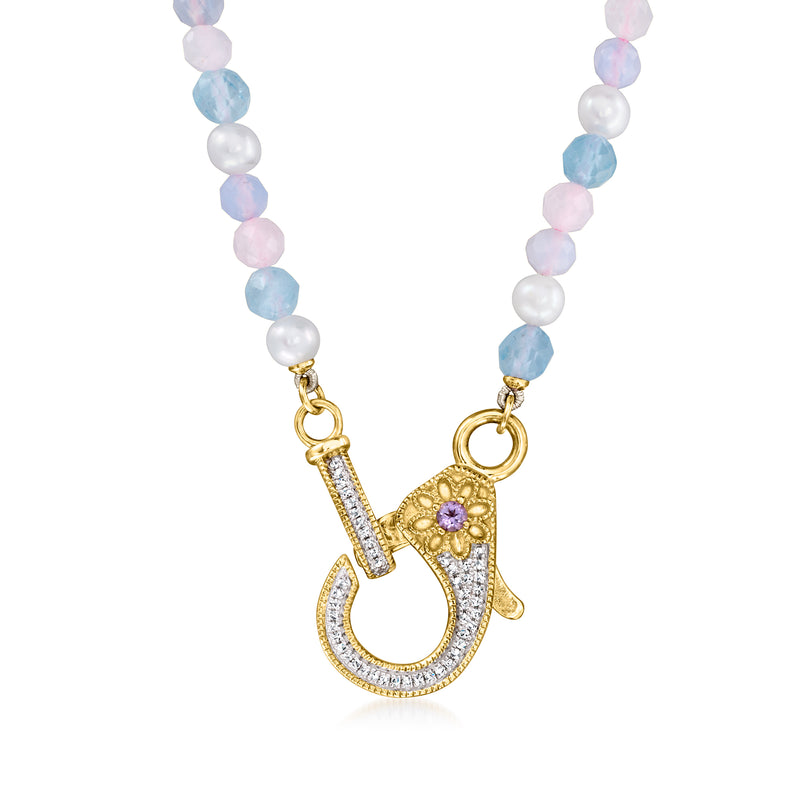 Pastel beaded pearl necklace with gold horseshoe pendant and pink center gem