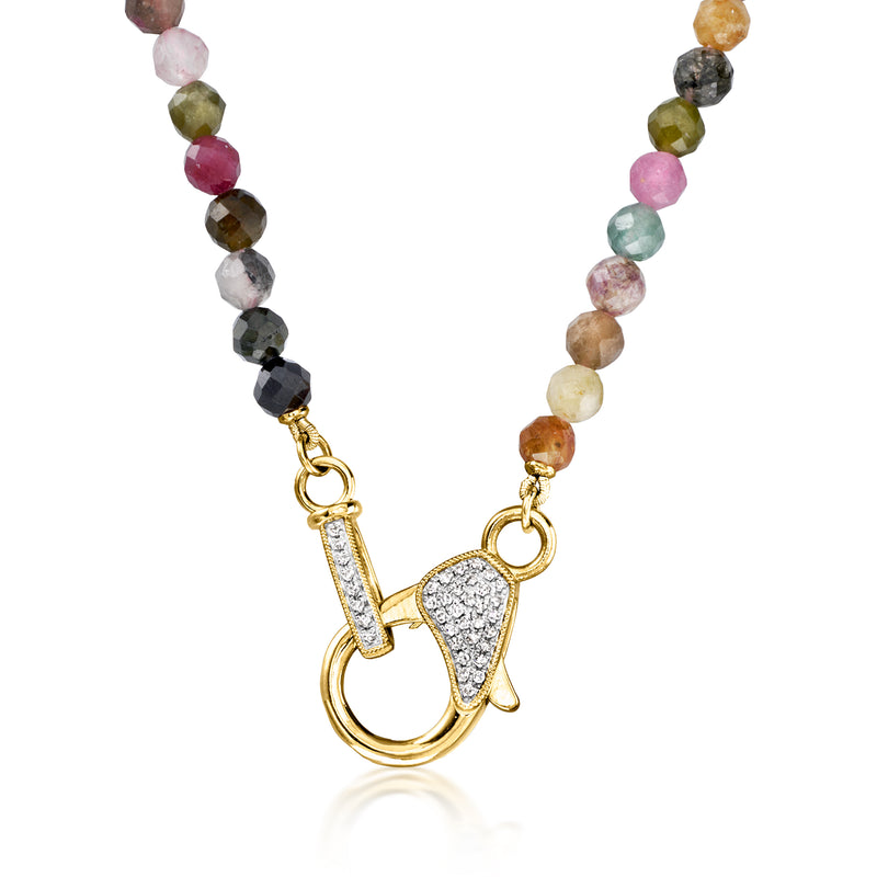 Multicolored tourmaline bead necklace with gold lobster clasp and diamond-accent heart charm