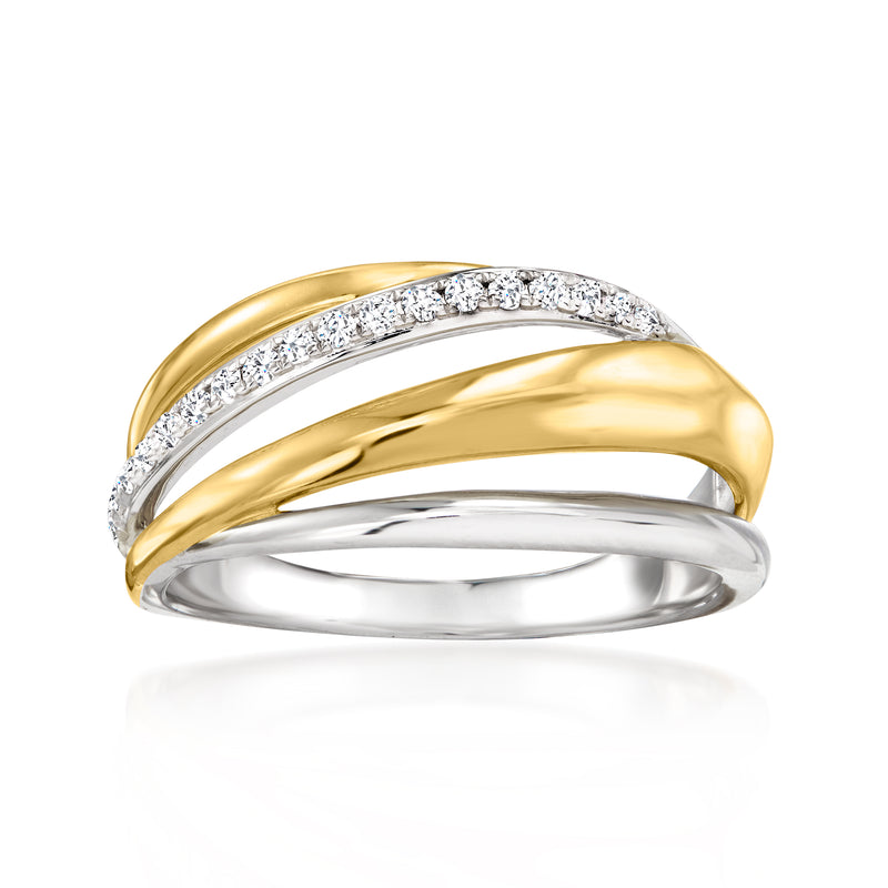 Crisscross ring with white topaz, sterling silver and gold over sterling silver