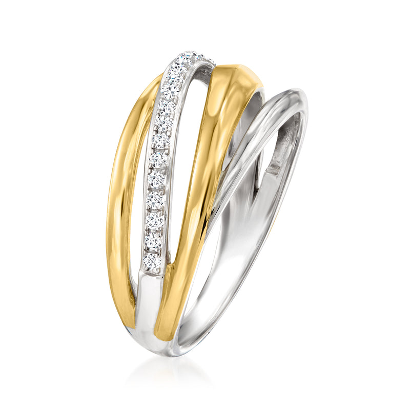 Crisscross ring in sterling silver and gold over sterling silver with white topaz