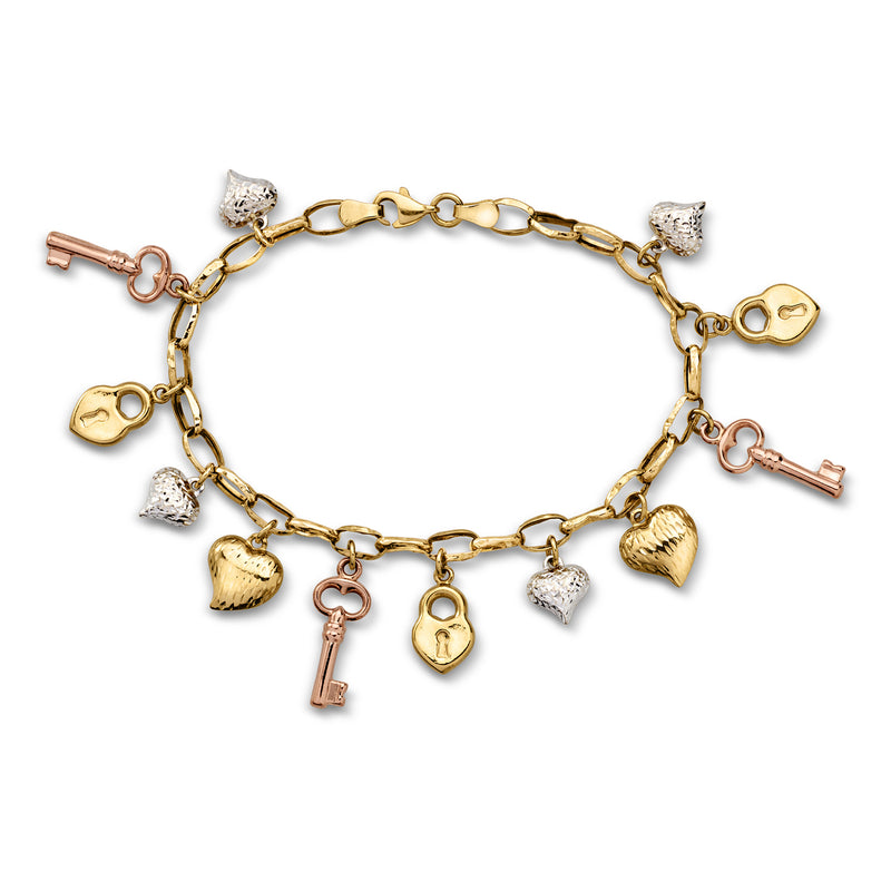 C. 1990 Vintage 14kt Tri-Colored Gold Heart, Lock and Key Charm Bracelet. 7.25"