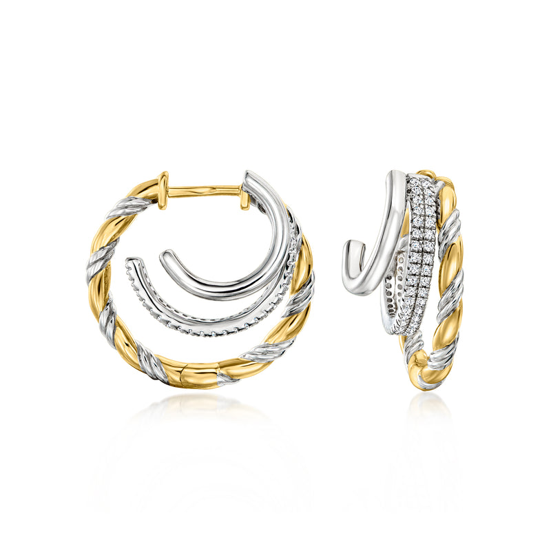 Two-tone hoop earrings with white topaz in sterling silver and gold over sterling