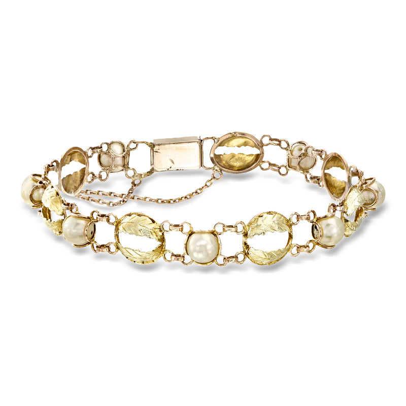 14kt yellow gold leaf link bracelet with cultured pearls and oval leaf accents, 7in