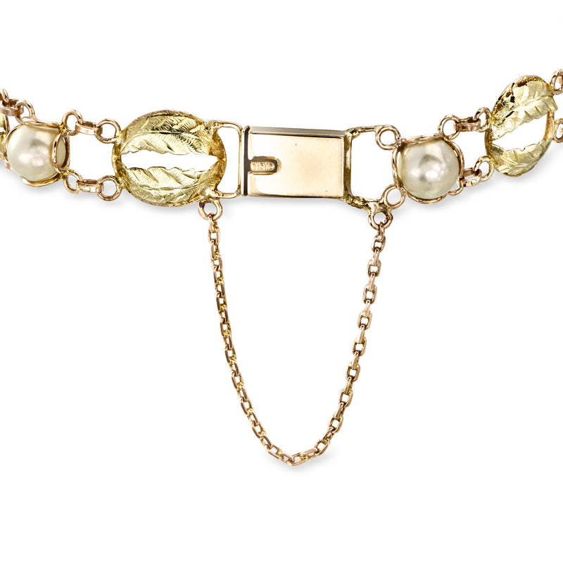 14kt yellow gold leaf link bracelet with cultured pearl beads and box clasp