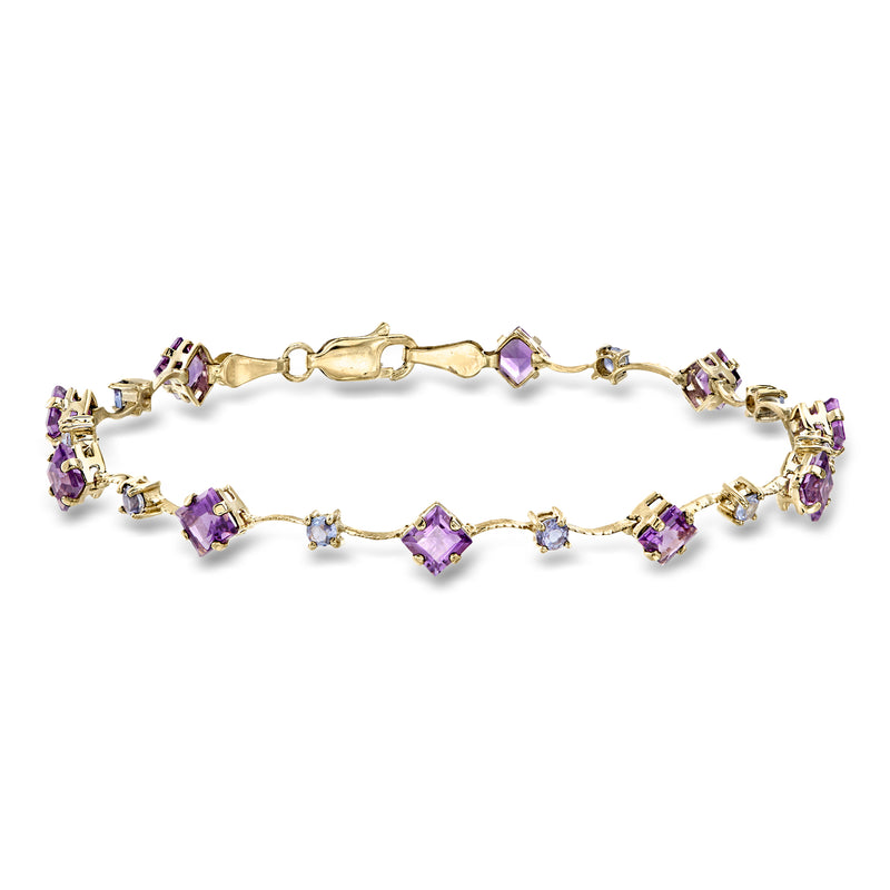 Yellow gold gemstone bracelet with purple amethyst and blue iolite station stones