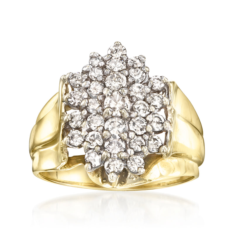 Vintage yellow gold diamond cluster ring with textured split shoulders
